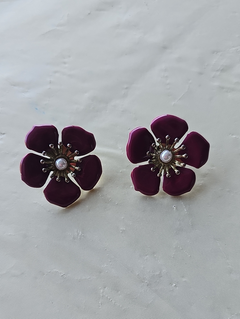 Purple Flower Pearl Center Stud Earrings